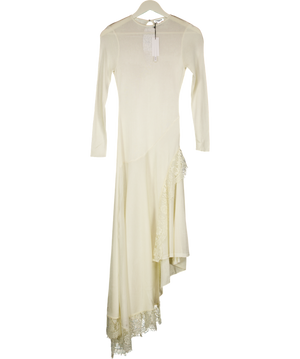 KAREN MILLEN Cream Petite Viscose Blend Slinky Sheer Lace Detail Asymmetric Knit Maxi Dress UK XS