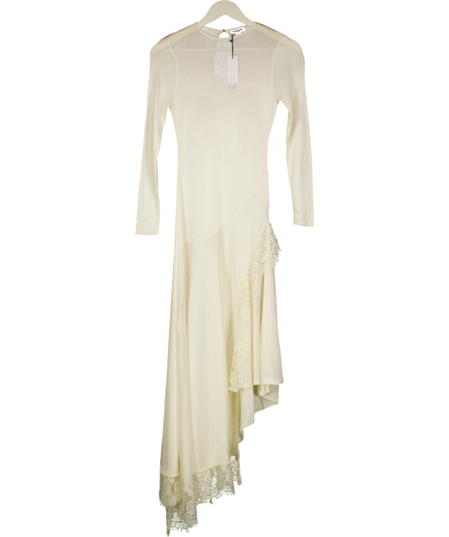 KAREN MILLEN Cream Petite Viscose Blend Slinky Sheer Lace Detail Asymmetric Knit Maxi Dress UK XS
