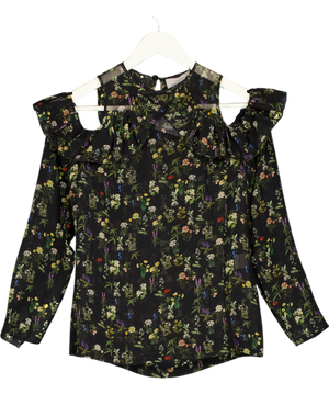 PREEN BY THORNTON BREGAZZI Black 100% Silk Floral Chiffon Cold-shoulder Blouse UK XS