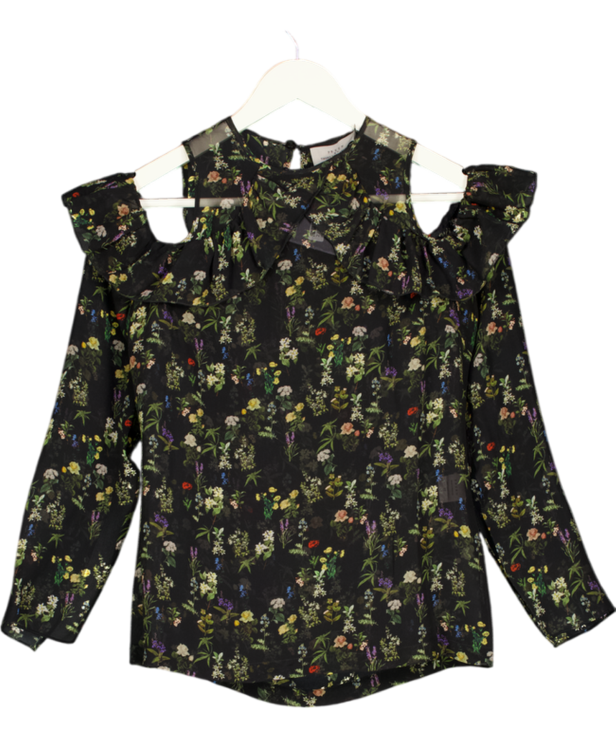 PREEN BY THORNTON BREGAZZI Black 100% Silk Floral Chiffon Cold-shoulder Blouse UK XS