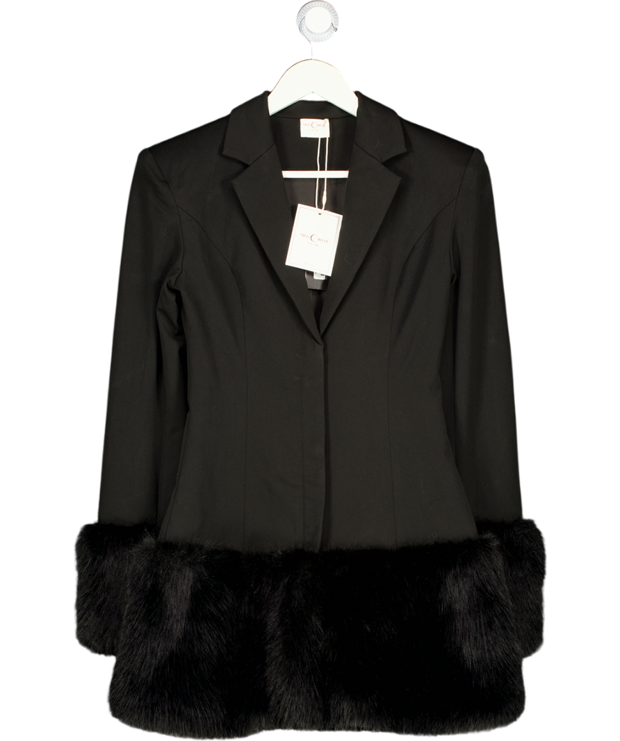 MISS CIRCLE Wenona Black Fur Trimmed V-neck Mini Blazer Dress UK S