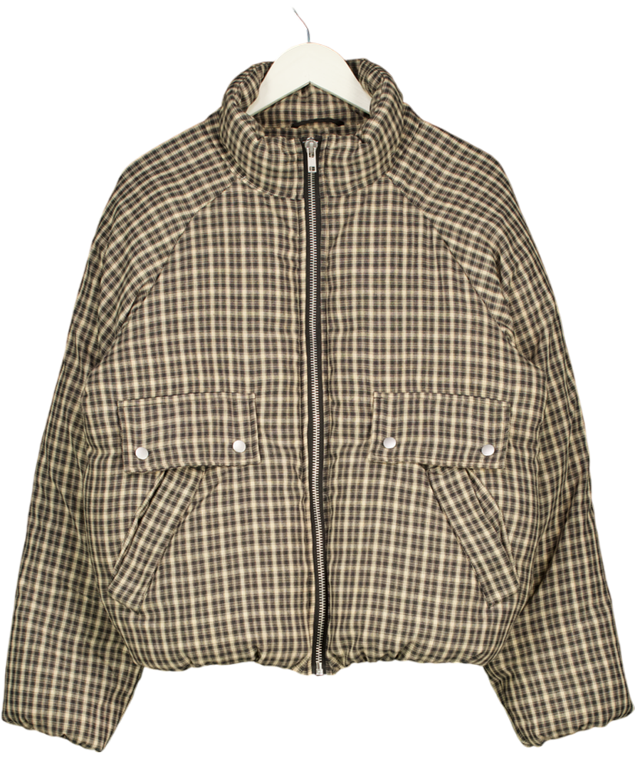 TOPSHOP Brown Micro Check Funnel Neck Puffer Jacke UK S