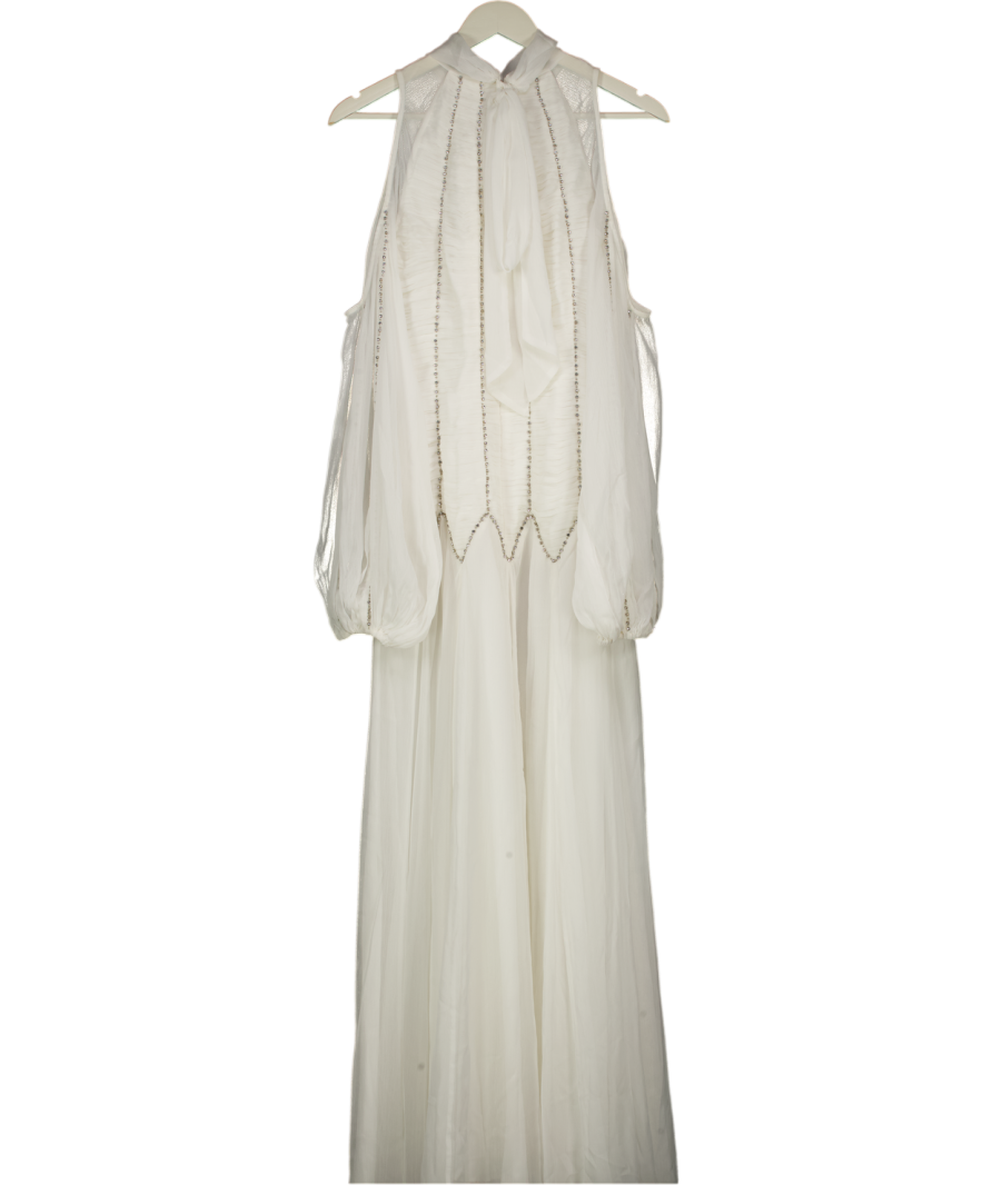 Karen Millen White High Neck Embellished Ruched Georgette Woven Maxi Dress UK 10