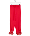 NADINE MERABI Red Satin Feather Trim Pyjama Style Trousers UK XS