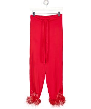 NADINE MERABI Red Satin Feather Trim Pyjama Style Trousers UK XS