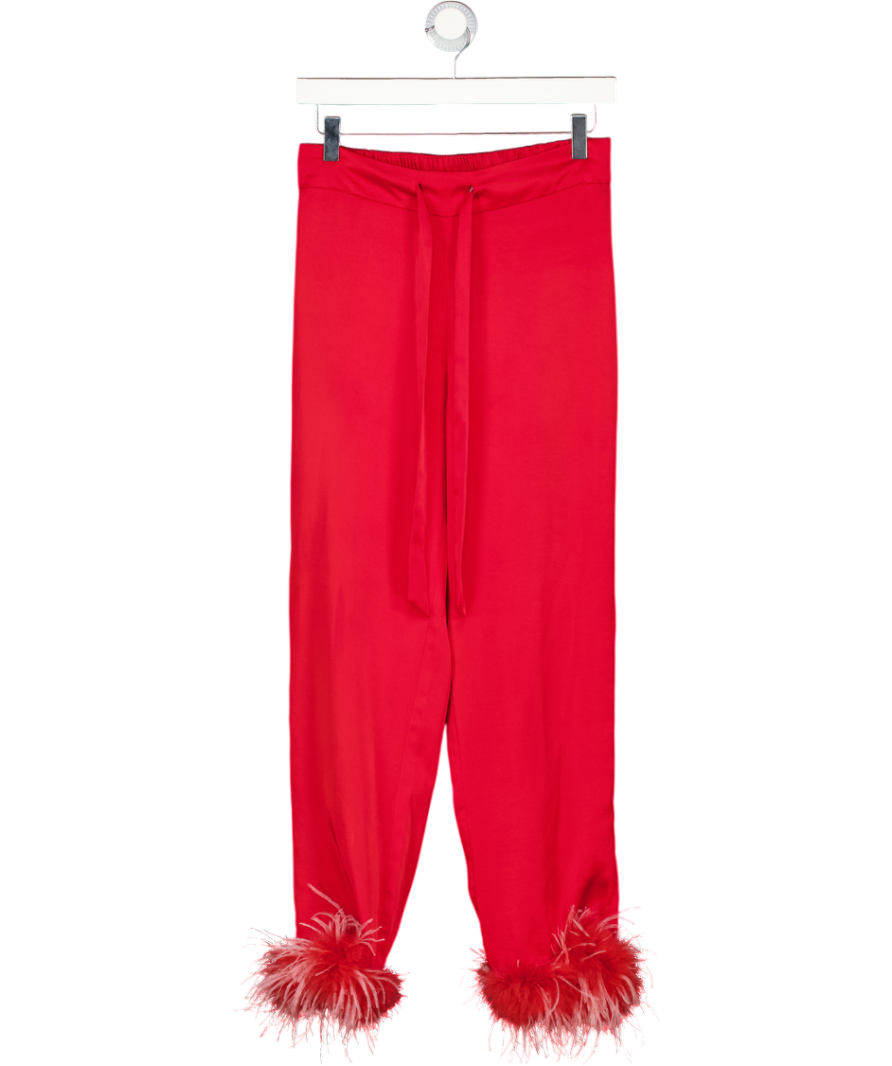 NADINE MERABI Red Satin Feather Trim Pyjama Style Trousers UK XS