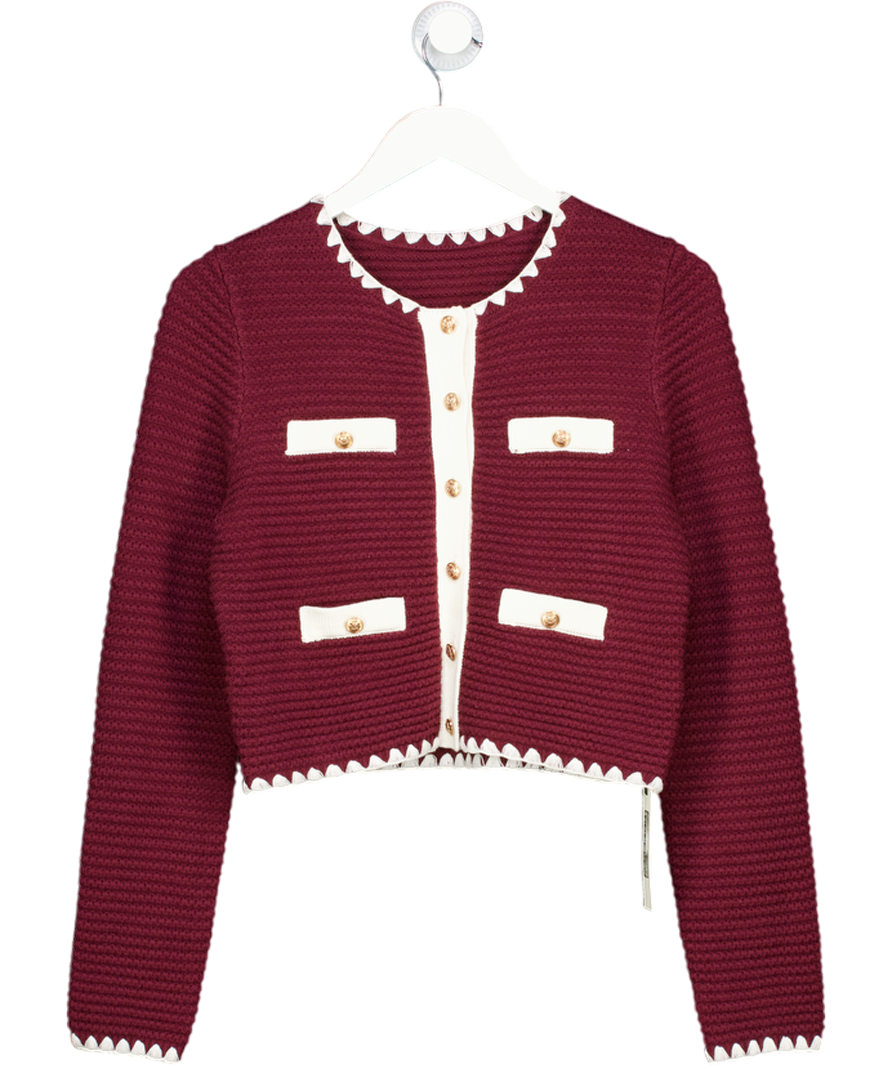 COMMENSE Burgundy Red Contrast Scalloped Trim Metal Button Cardigan UK S