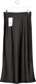 ZARA Black Satin Midi Skirt UK S