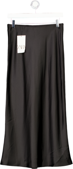 ZARA Black Satin Midi Skirt UK S