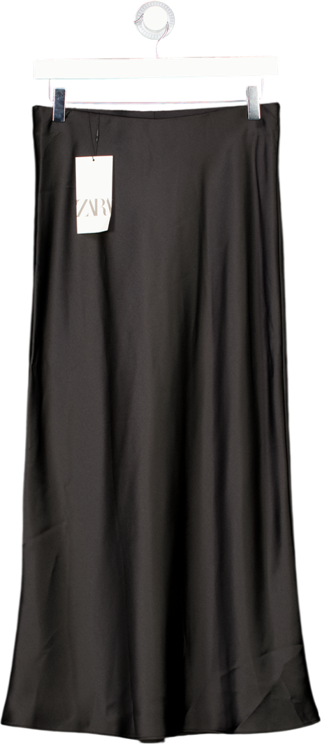 ZARA Black Satin Midi Skirt UK S