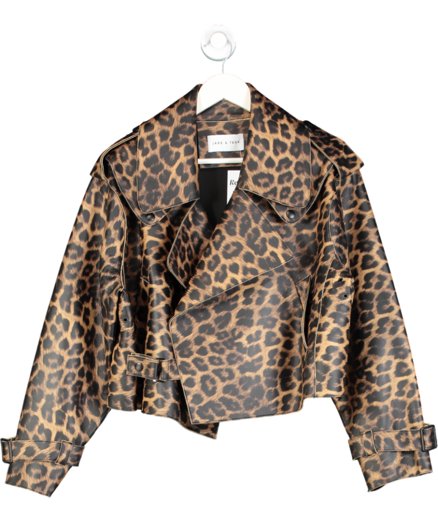 JANE & TASH Brown Leopard Print Oversized Leather Jacket UK M