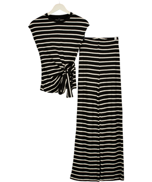 RIVER ISLAND 2-piece Black & White Striped Cotton Blend Knitted Top & Trouser Set UK XS