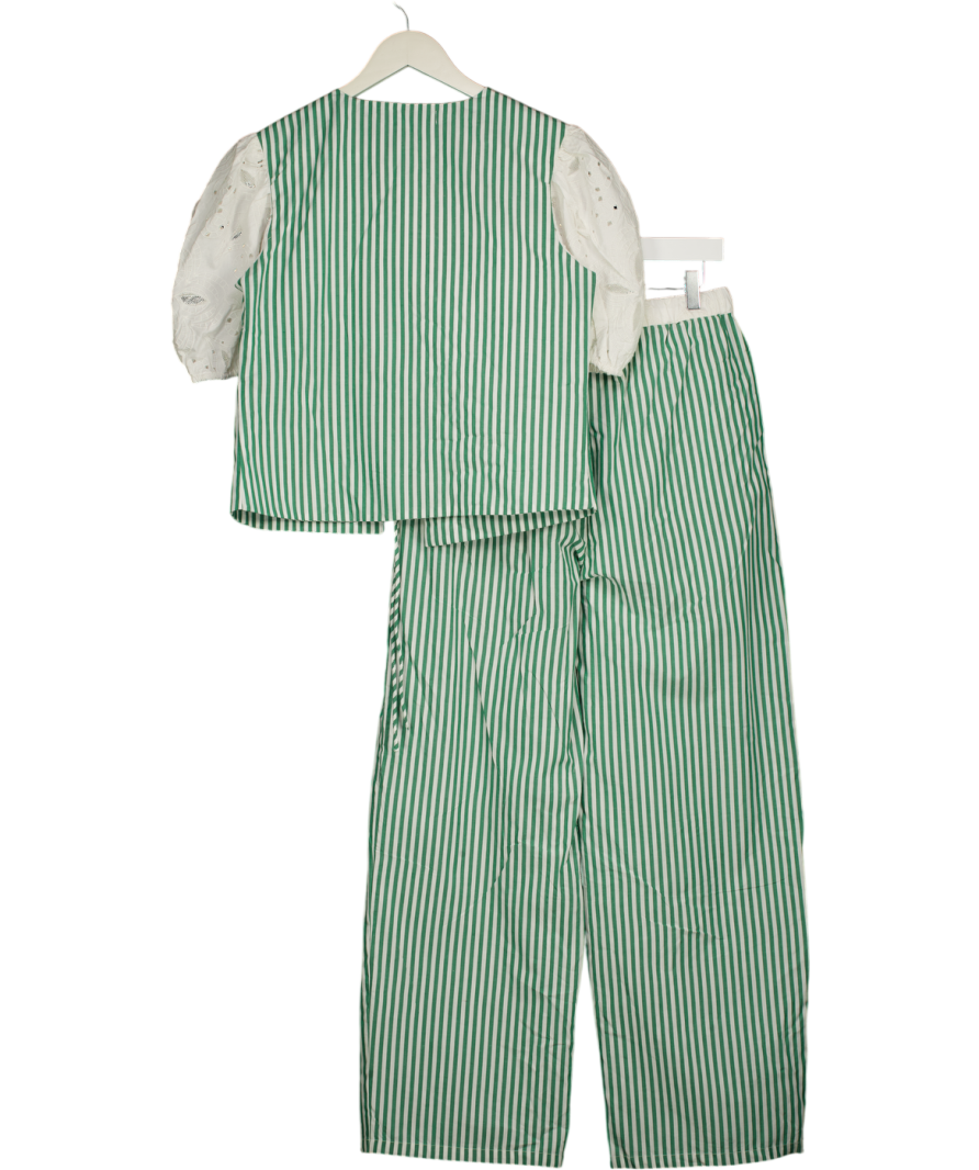 NA-KD 2-piece Green Stripe Anglaise Tie Detail Top And Wide Leg Trouser Set UK 10
