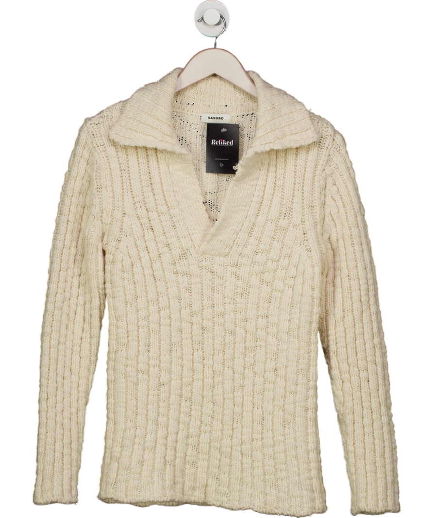 Sandro Cream Open Collar Chunky Knit Jumper UK S