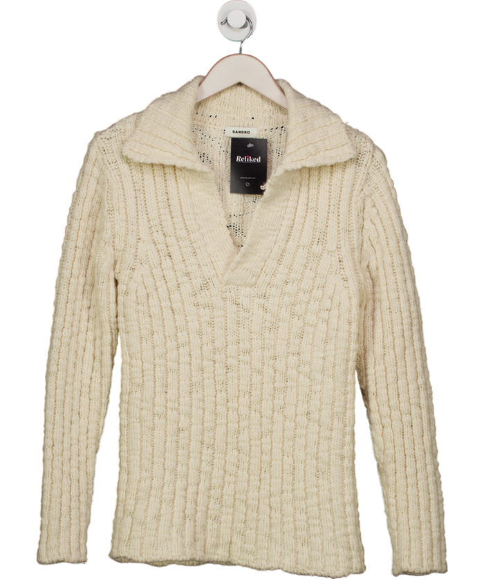 Sandro Cream Open Collar Chunky Knit Jumper UK S