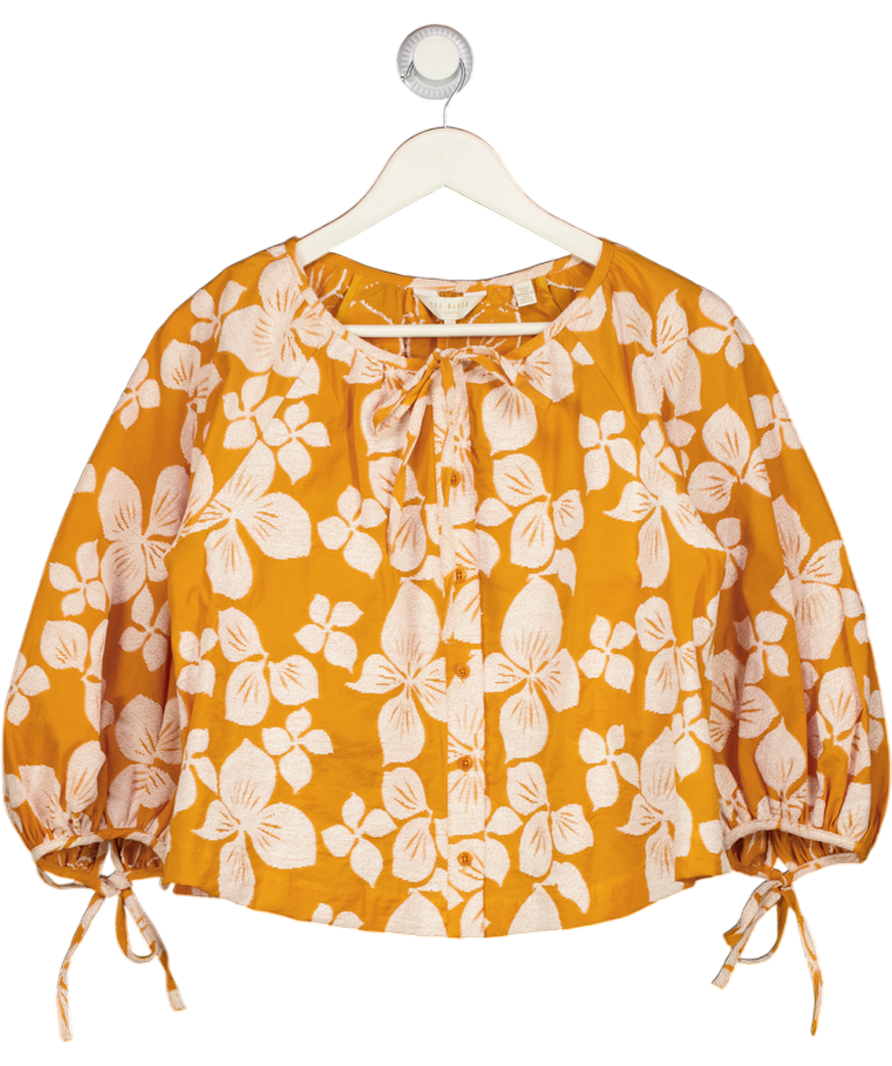 Ted Baker Orange Floral Button Up Puff Sleeve Shirt UK 8