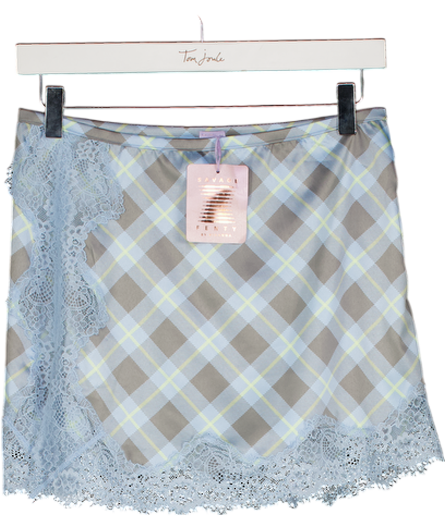 Savage X fenty Baby Blue Plaid Lace Trim Nite Shade Slip Skirt UK S