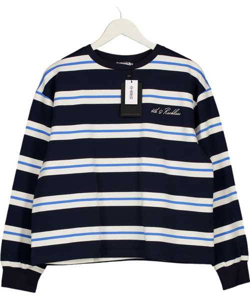 4th & Reckless Blue Cotton Rich Embroidered Logo Oversized Long T-shirt UK S