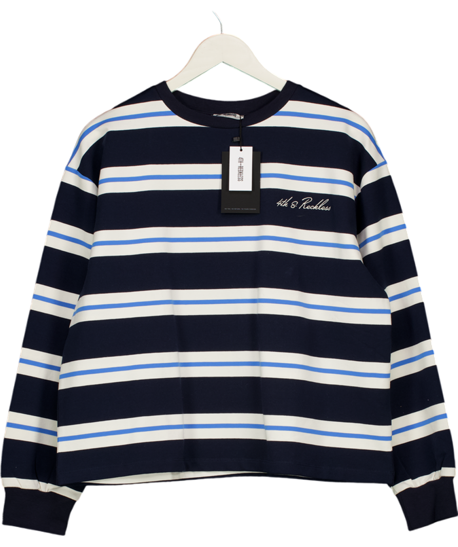 4th & Reckless Blue Cotton Rich Embroidered Logo Oversized Long T-shirt UK S