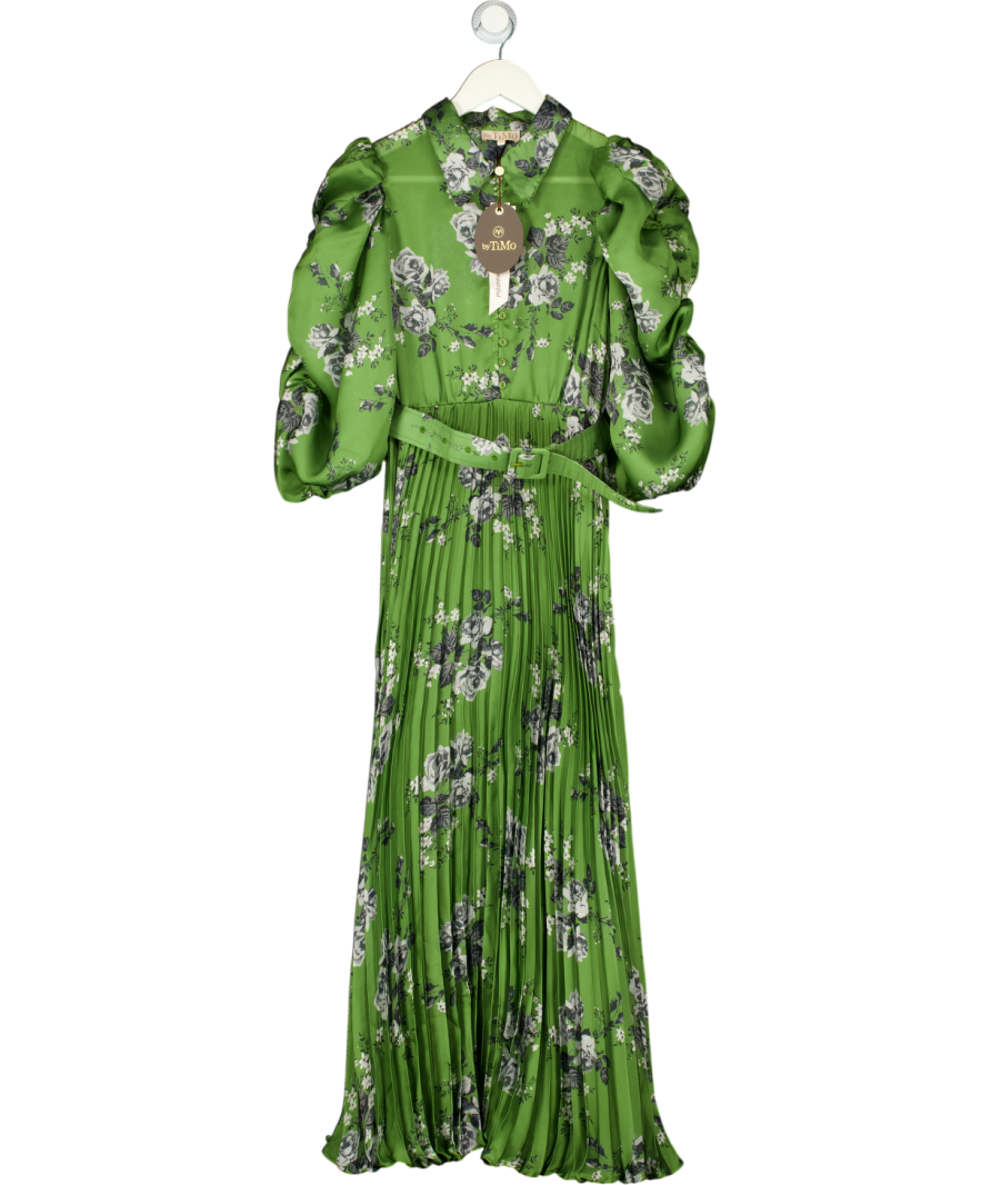 byTIMO Green Puff Sleeve Plissé Maxi Dress In "Green Roses" UK M