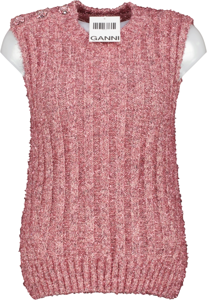 Ganni Antique Rose Pink Jewel Button Sleeveless Knit UK XL