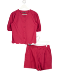 THREADBARE 2-piece Dark Red Scalloped Linen Blend Puff Sleeve Top And Shorts Set UK XS
