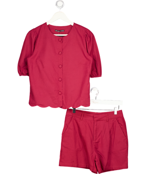 THREADBARE 2-piece Dark Red Scalloped Linen Blend Puff Sleeve Top And Shorts Set UK XS