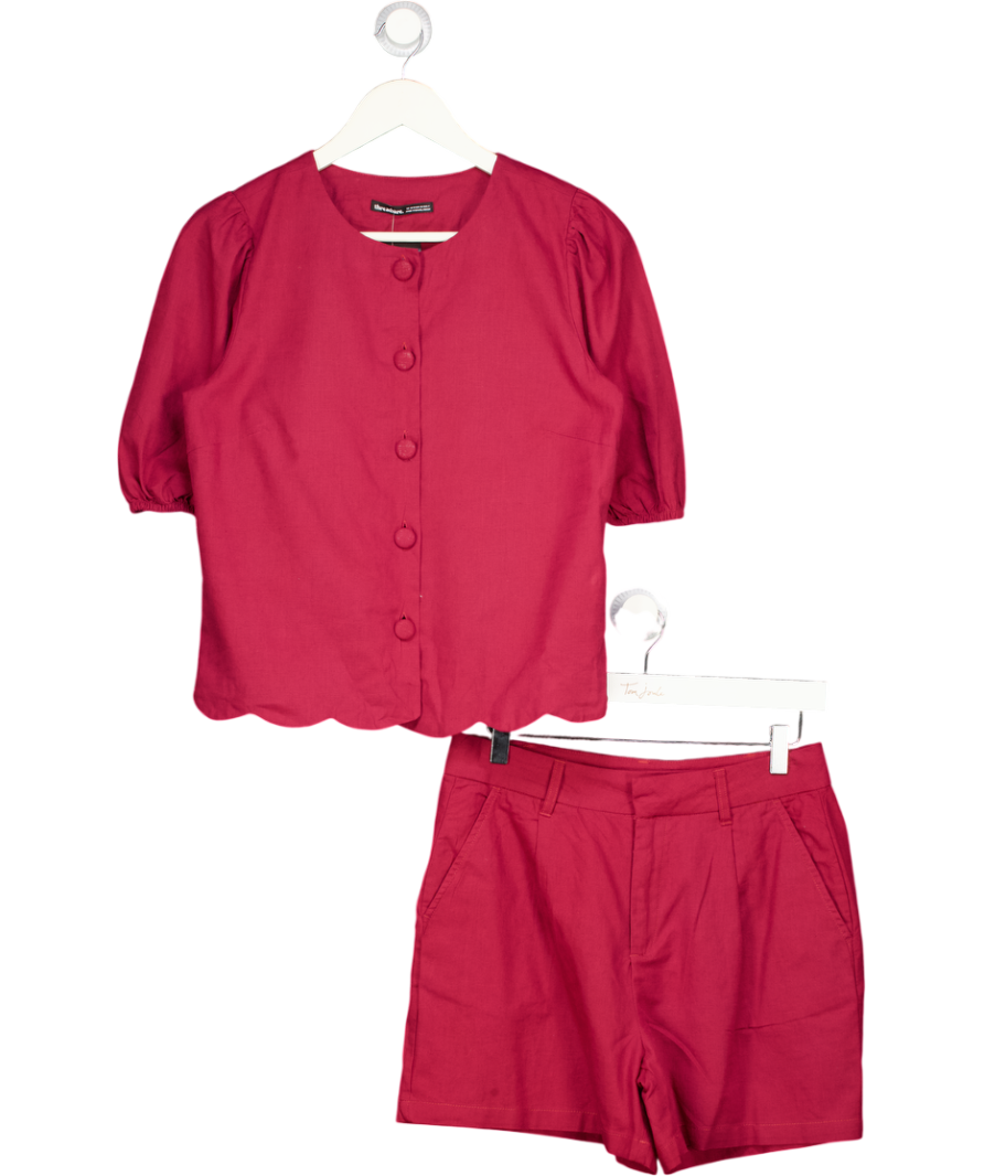 THREADBARE 2-piece Dark Red Scalloped Linen Blend Puff Sleeve Top And Shorts Set UK XS