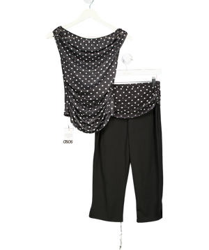 ASOS Black Gathered Short Sleeve Off Shoulder Mesh Top And Capri Set In Polka Dot UK S