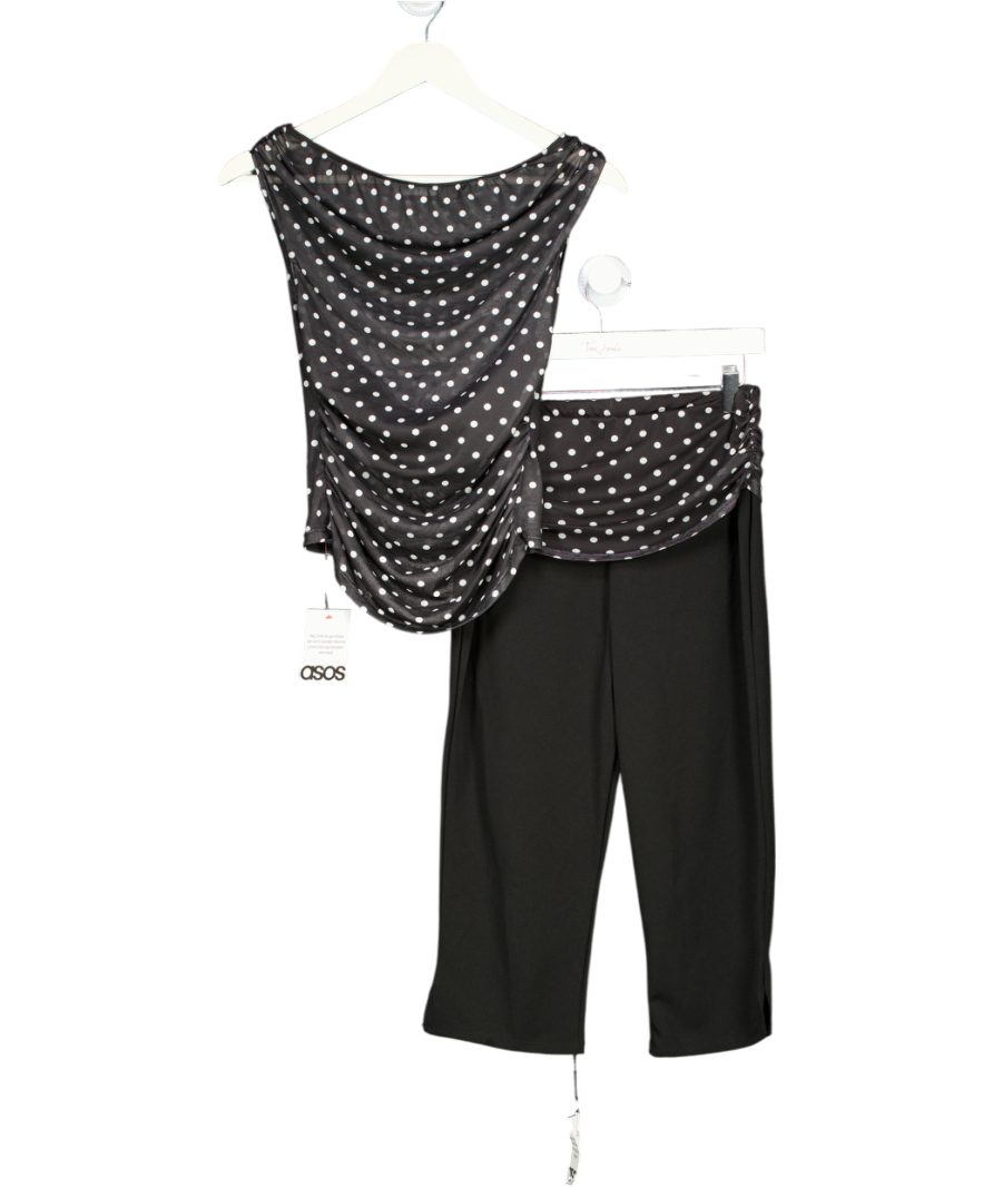 ASOS Black Gathered Short Sleeve Off Shoulder Mesh Top And Capri Set In Polka Dot UK S
