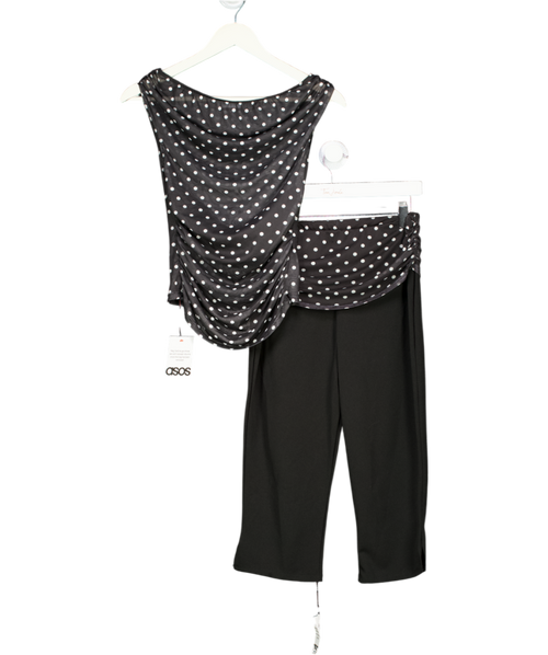ASOS Black Gathered Short Sleeve Off Shoulder Mesh Top And Capri Set In Polka Dot UK S