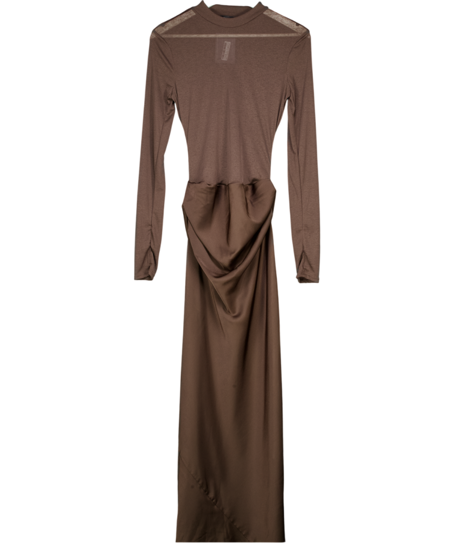 ASOS Design Sheer High Neck Bodice Drape Satin Maxi Dress In Chocolate Brown UK 10