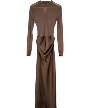 ASOS Design Sheer High Neck Bodice Drape Satin Maxi Dress In Chocolate Brown UK 10