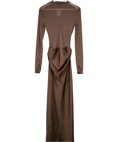 ASOS Design Sheer High Neck Bodice Drape Satin Maxi Dress In Chocolate Brown UK 10