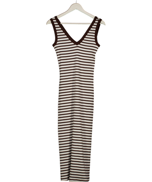M&S Brown & White Strip Ribbed Cotton Midi Dress UK 10