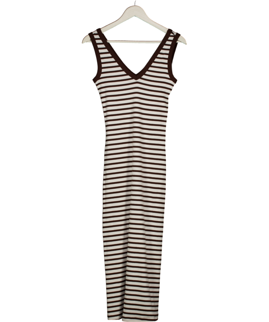 M&S Brown & White Strip Ribbed Cotton Midi Dress UK 10