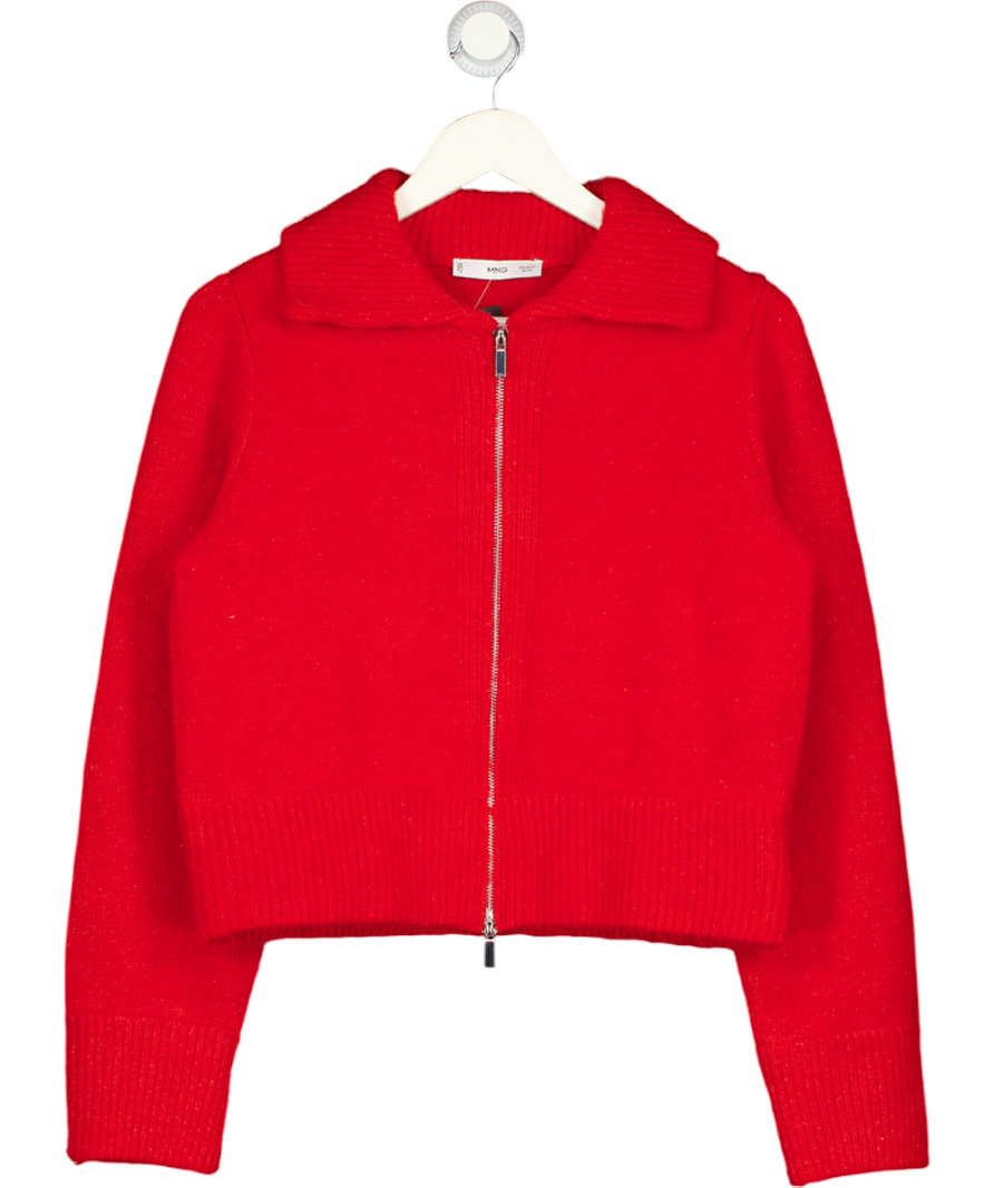 MANGO Red Wool Blend Zip Cardigan With Collar UK M