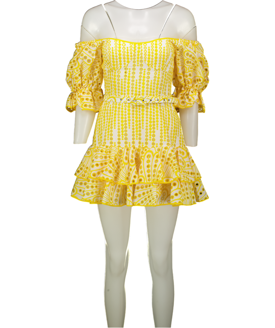 CHARO RUIZ IBIZA Yellow Jean Broderie Puff Sleeve Belted Mini Dress UK S