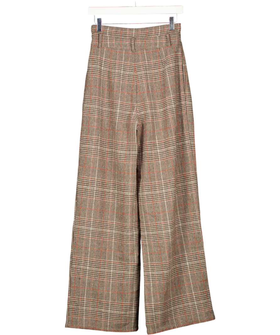 Commense Beige Belted Plaid High-waisted Pants UK XS