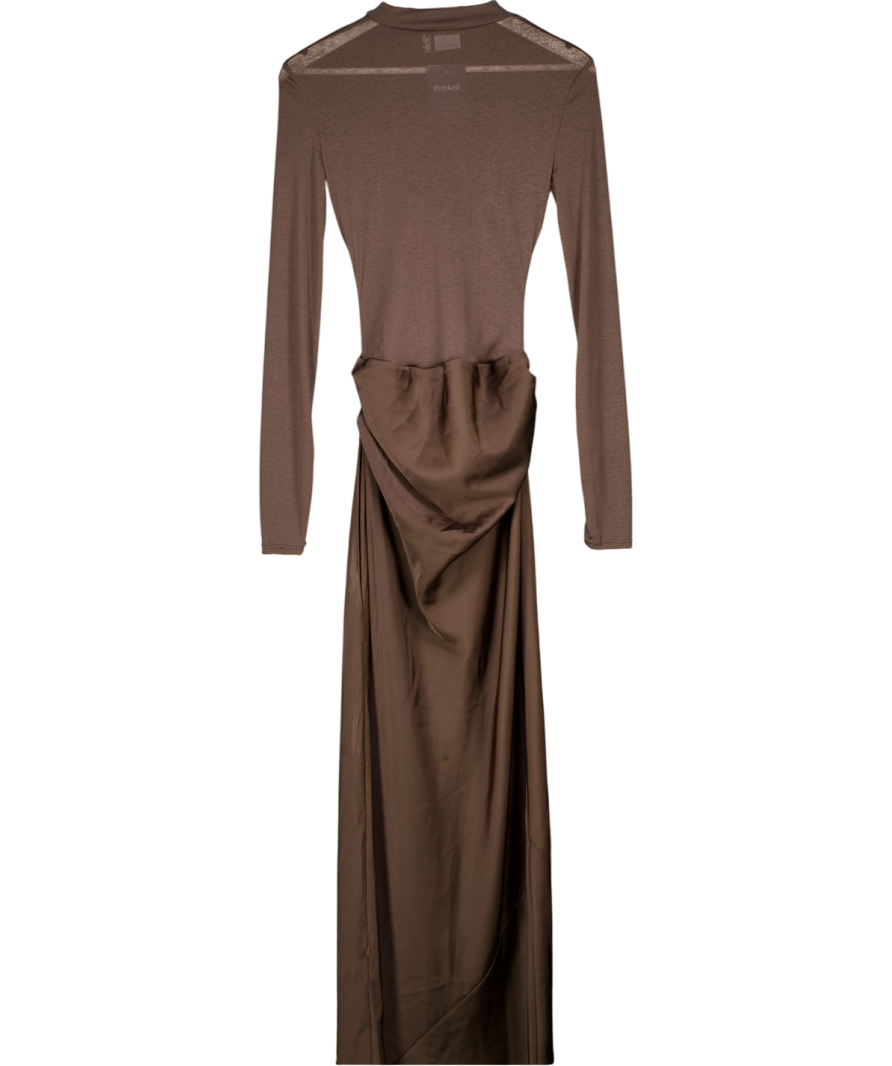 ASOS Design Sheer High Neck Bodice Drape Satin Maxi Dress In Chocolate Brown UK 10