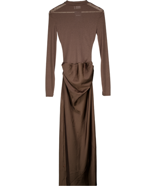 ASOS Design Sheer High Neck Bodice Drape Satin Maxi Dress In Chocolate Brown UK 10