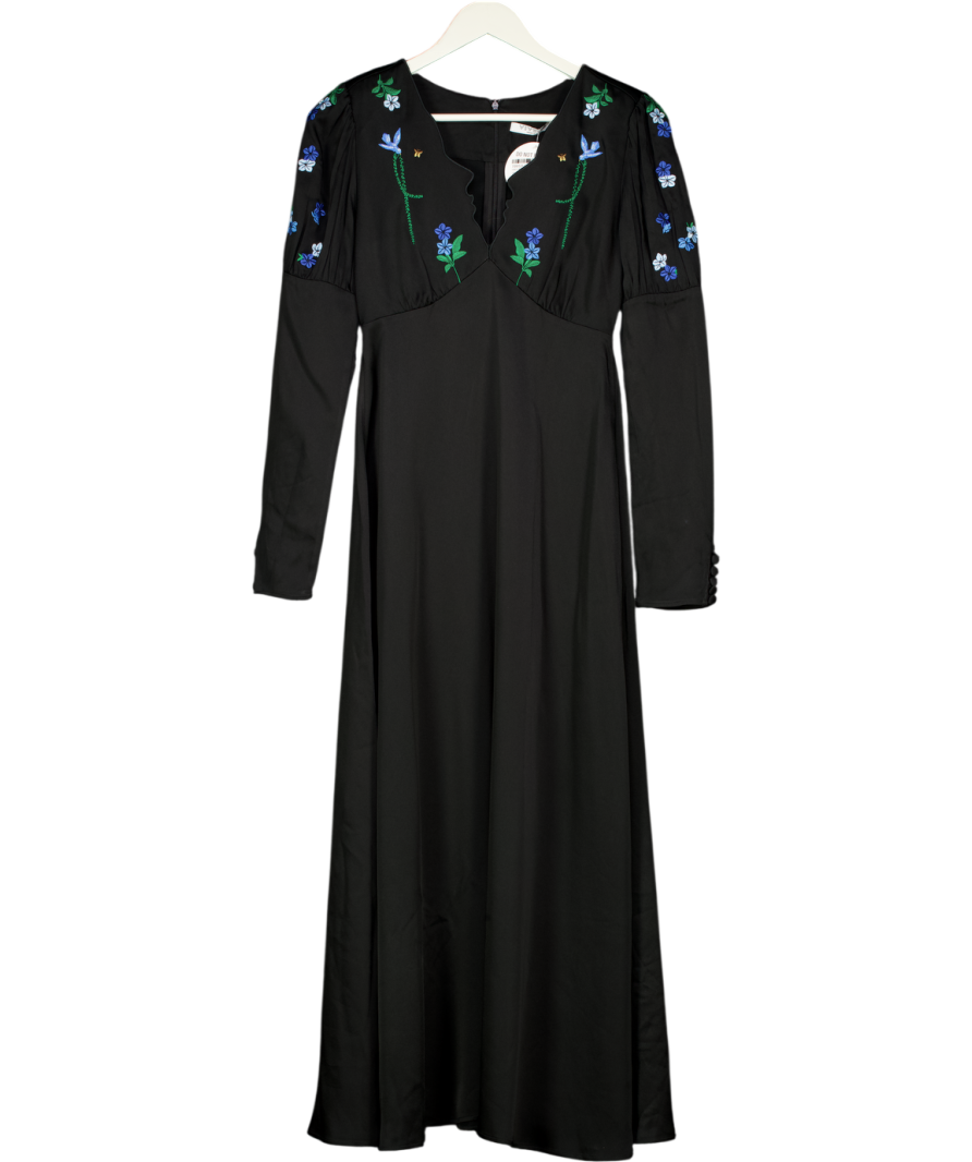 VIVETTA Black Satin Puff Sleeve Floral Embroidered Maxi Dress Fr38 UK 10