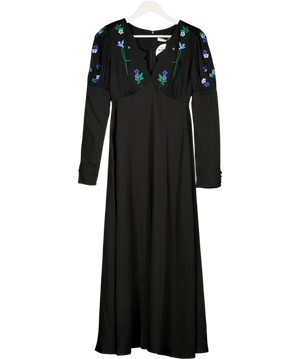 VIVETTA Black Satin Puff Sleeve Floral Embroidered Maxi Dress Fr38 UK 10