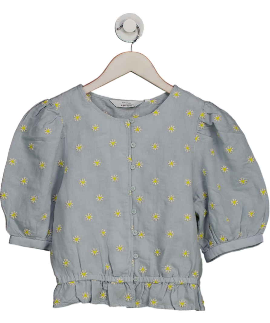 & Other Stories Blue Daisy Embroidered Cotton / Linen Blend Puff Sleeve Blouse UK 8