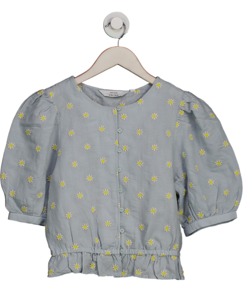 & Other Stories Blue Daisy Embroidered Cotton / Linen Blend Puff Sleeve Blouse UK 8
