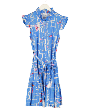 PAOLITA Blue Smoke & Mirrors Printed Ruffle Sleeve Tiered Mini Dress UK S