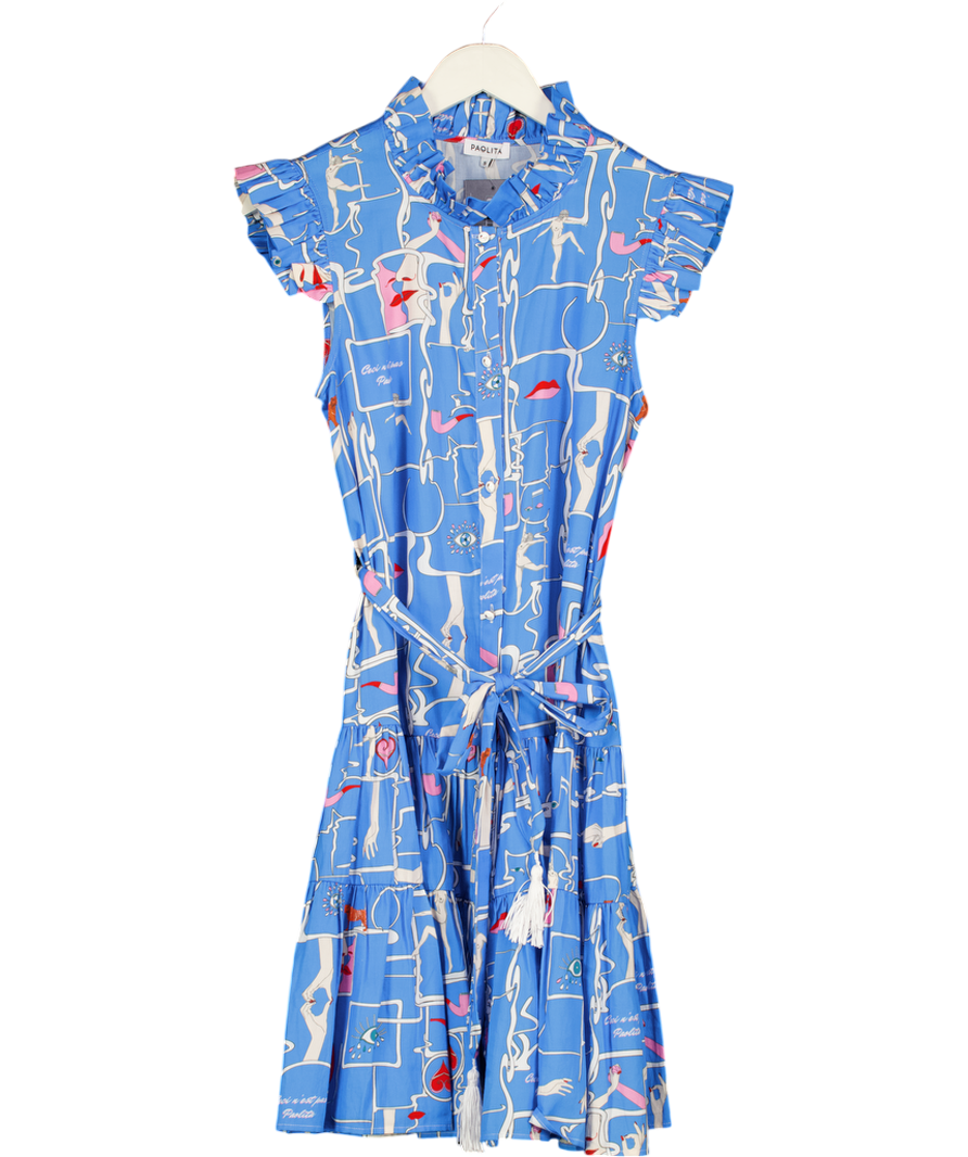 PAOLITA Blue Smoke & Mirrors Printed Ruffle Sleeve Tiered Mini Dress UK S