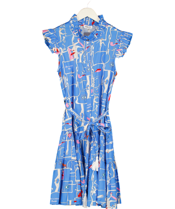 PAOLITA Blue Smoke & Mirrors Printed Ruffle Sleeve Tiered Mini Dress UK S
