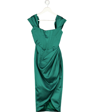 House of CB Loretta Emerald Green Duchess Satin Off Shoulder Dress UK XS