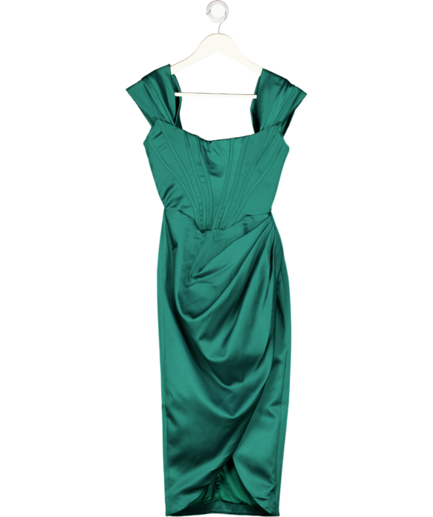 House of CB Loretta Emerald Green Duchess Satin Off Shoulder Dress UK XS